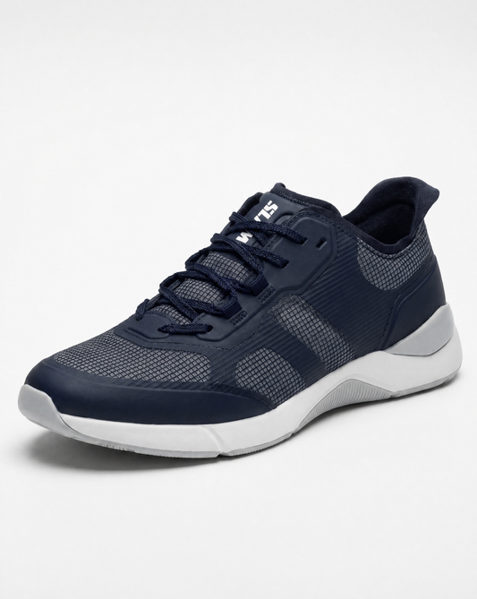 The SLAM CREW SHOES in DARK NAVY feature mesh and synthetic overlays, dark blue laces, and a white and gray rubber sole, shown against a plain white background.