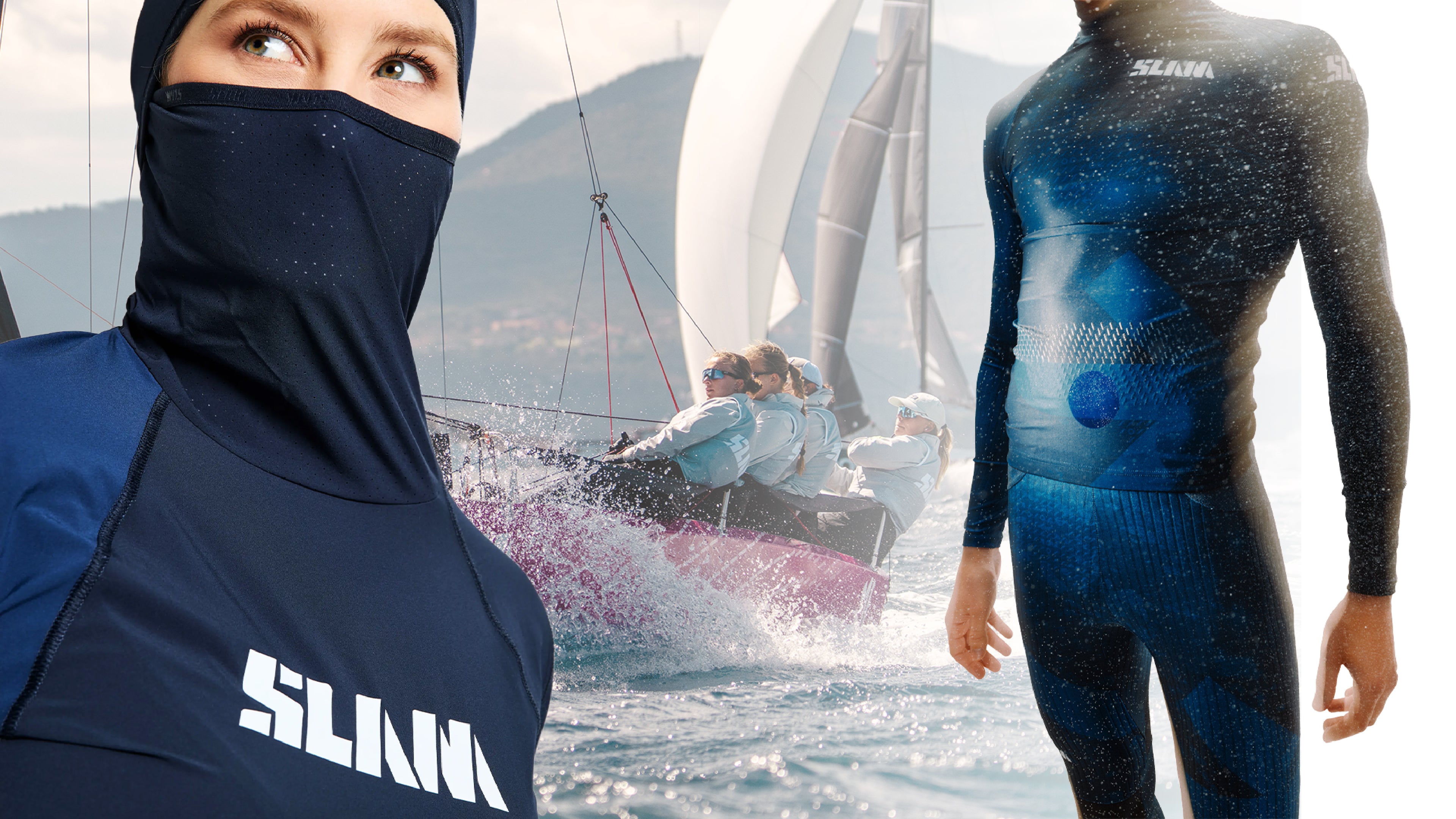 Mix di foto che mostrano prodotti SLAM come la OD Tech Hooded T-Shirt e il Foil Aeroset, insieme a una barca durante una regata RS21