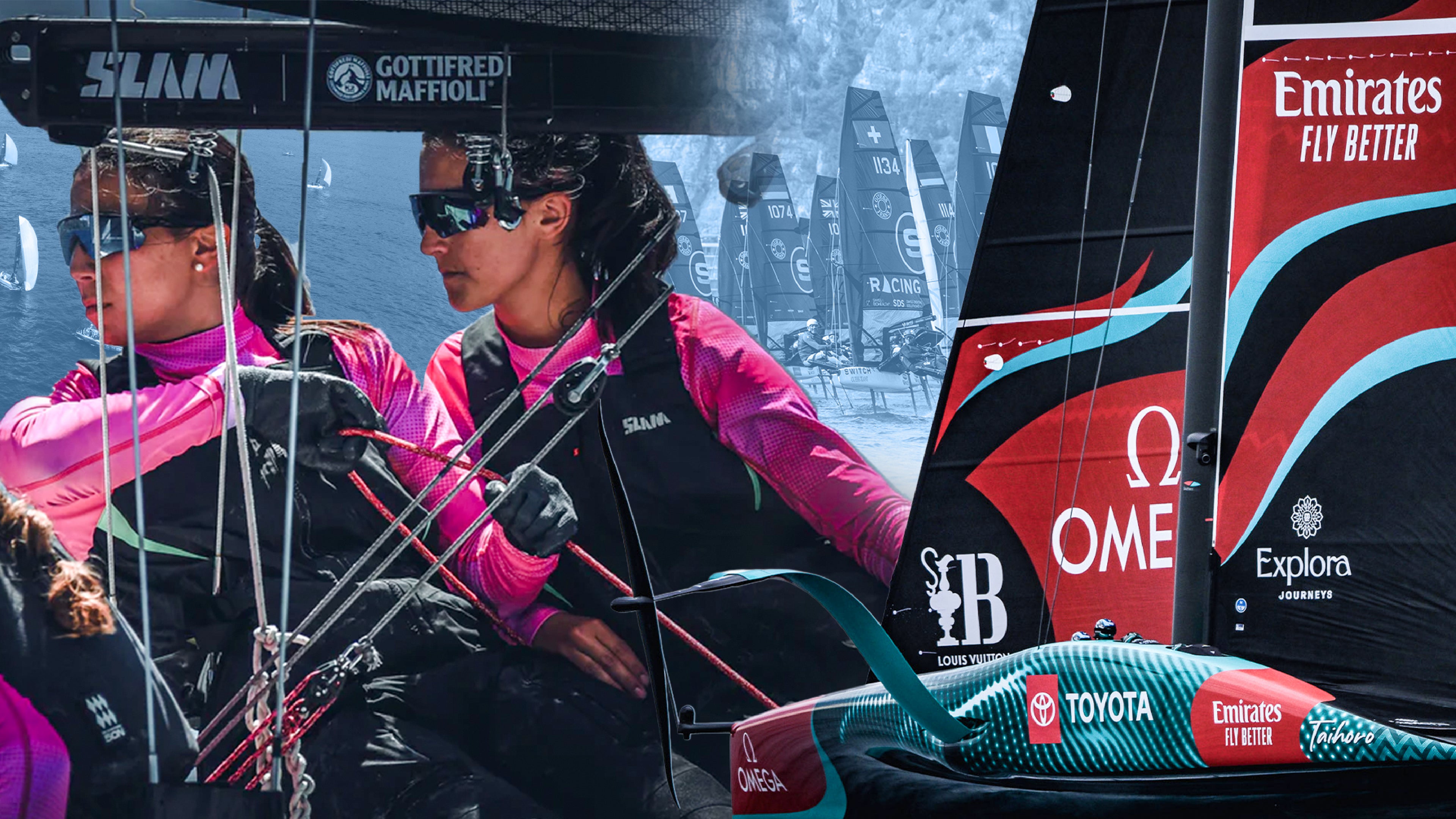 Merge di foto che mostrano barche ed equipaggi dei circuiti Switch e RS21, oltre all'America's Cup