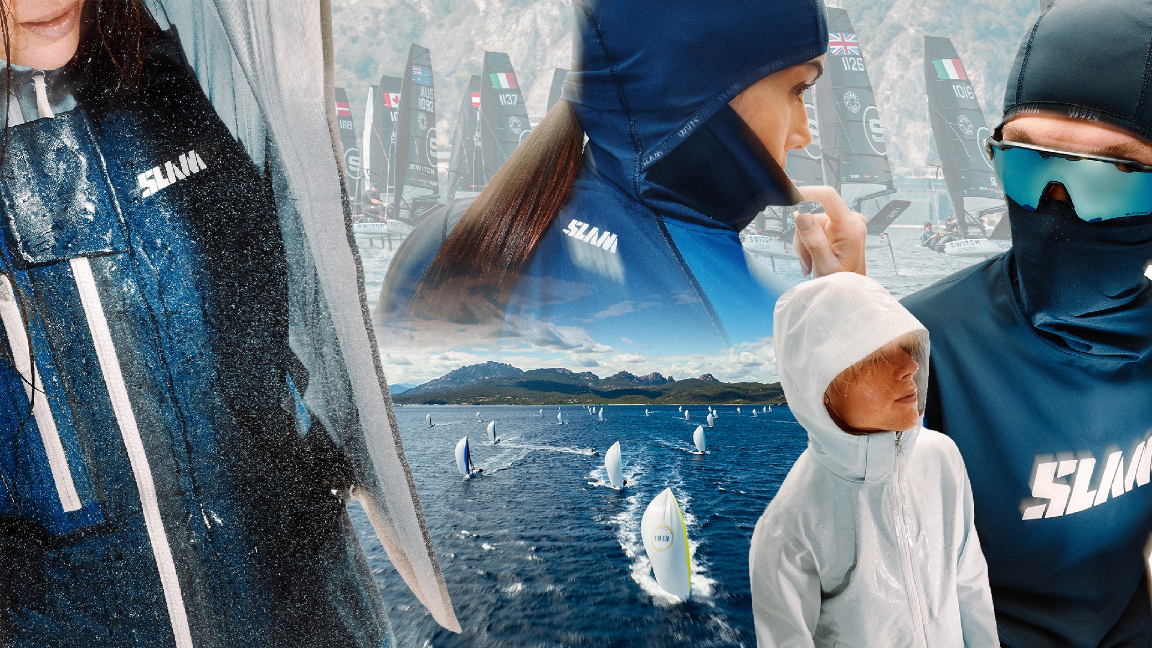 Merge di foto che mostrano il campo di regata Switch e One Design e prodotti hero della collezione SS26 di SLAM