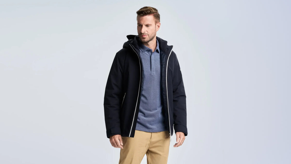 Model wearing the new Altura Ins Jacket in the shade called 'Dark Navy'
