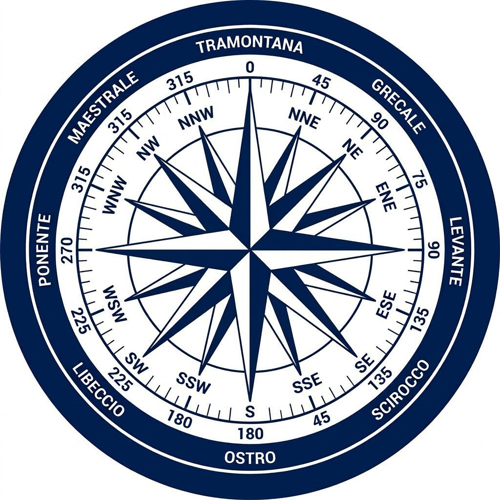 Diagram known as 'Wind Rose' showing winds' names and directions 